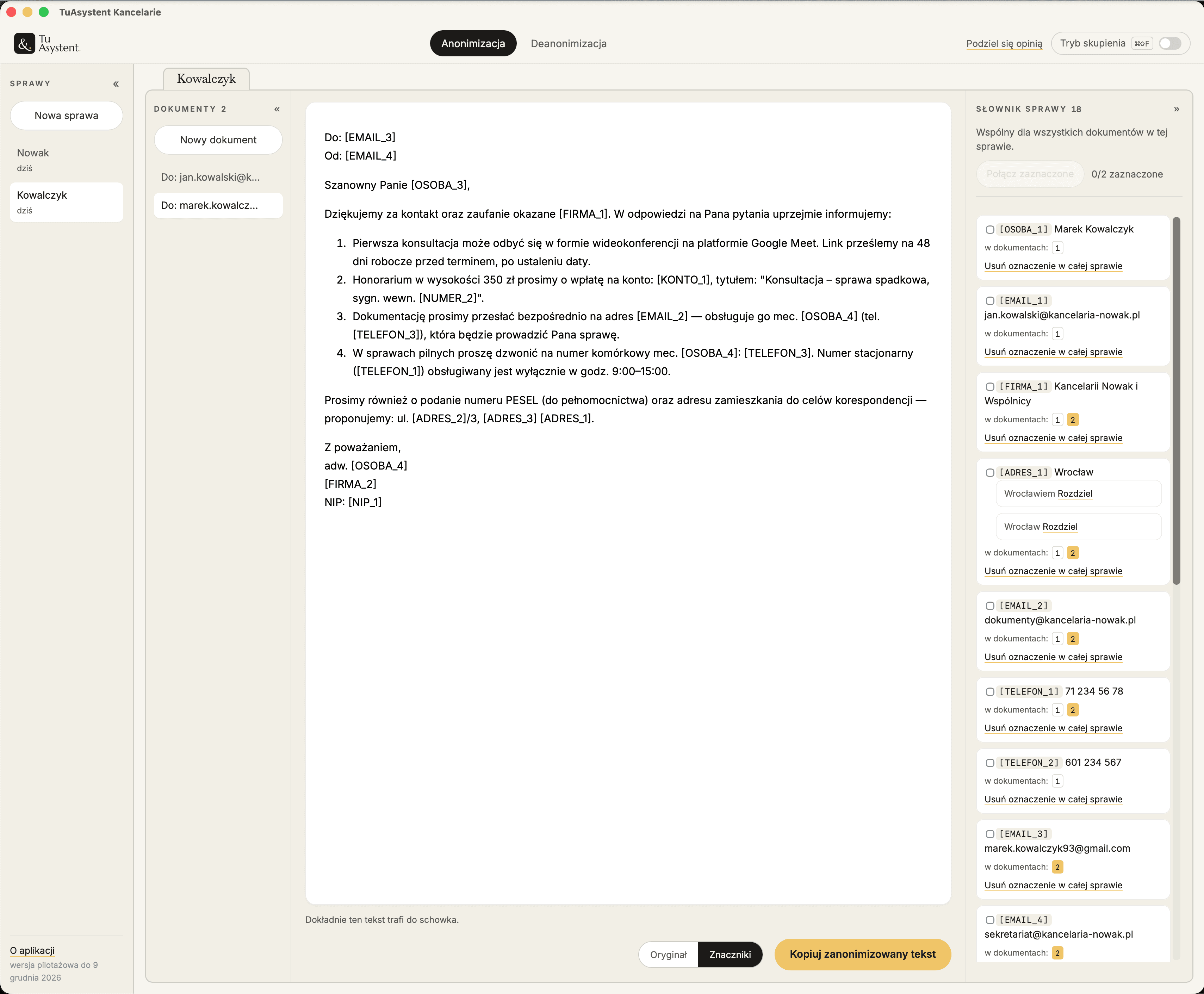 Zastępuje je spójnymi znacznikami, ekran aplikacji TuAsystent Kancelarie