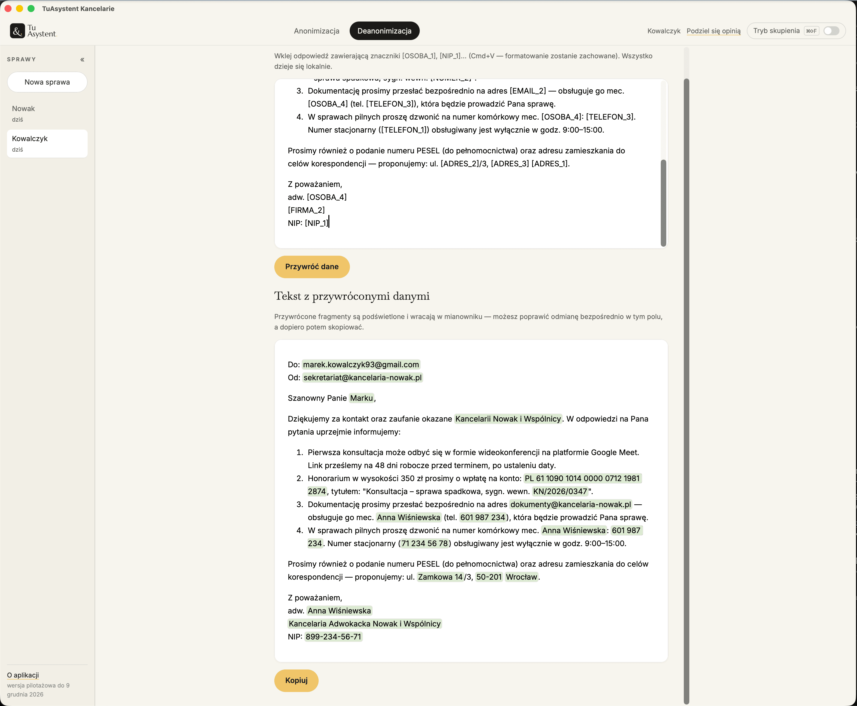 Przywraca dane po pracy z LLM, ekran aplikacji TuAsystent Kancelarie